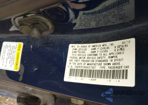 2013 Honda Accord Lx из США, поврежденный, VIN 1HGCR2F38DA227597